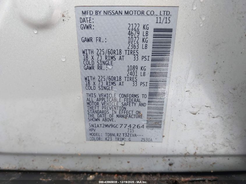 2016 Nissan Rogue Sl VIN: 5N1AT2MV9GC774264 Lot: 43965039