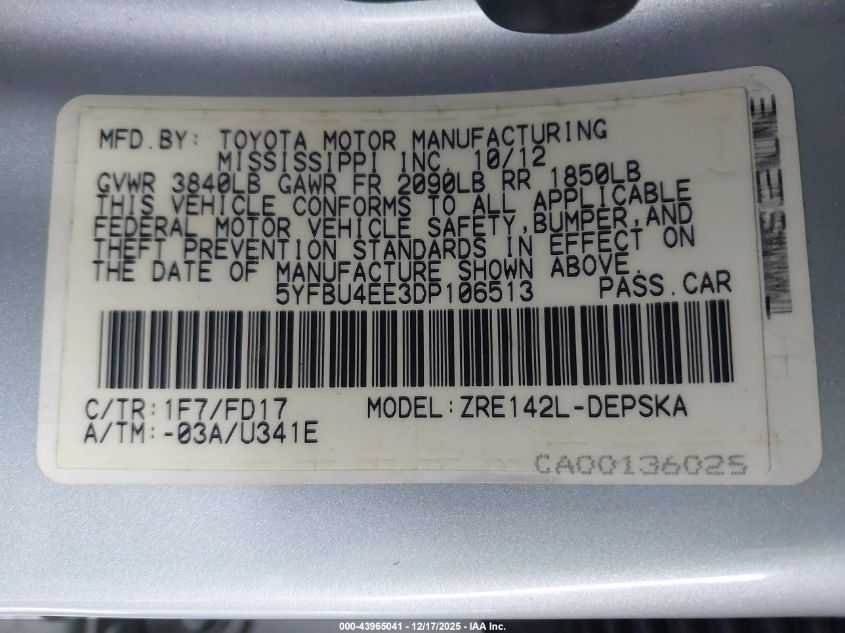 2013 Toyota Corolla S VIN: 5YFBU4EE3DP106513 Lot: 43965041