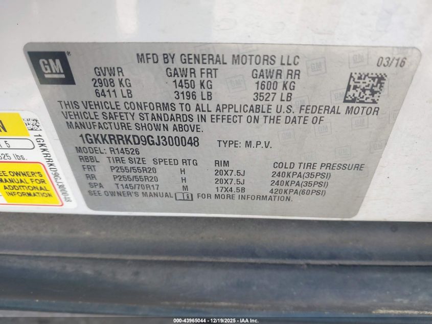 2016 GMC Acadia Slt-1 VIN: 1GKKRRKD9GJ300048 Lot: 43965044