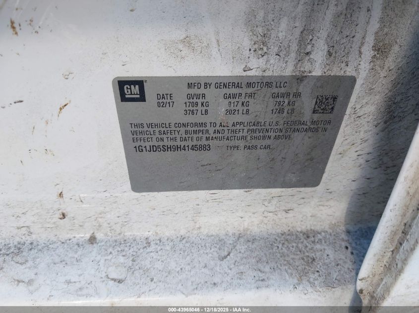 2017 Chevrolet Sonic Lt Auto VIN: 1G1JD5SH9H4145883 Lot: 43965046