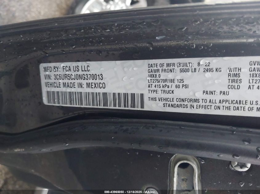 2022 Ram 2500 Tradesman 4X4 6'4 Box VIN: 3C6UR5CJ0NG370013 Lot: 43965050