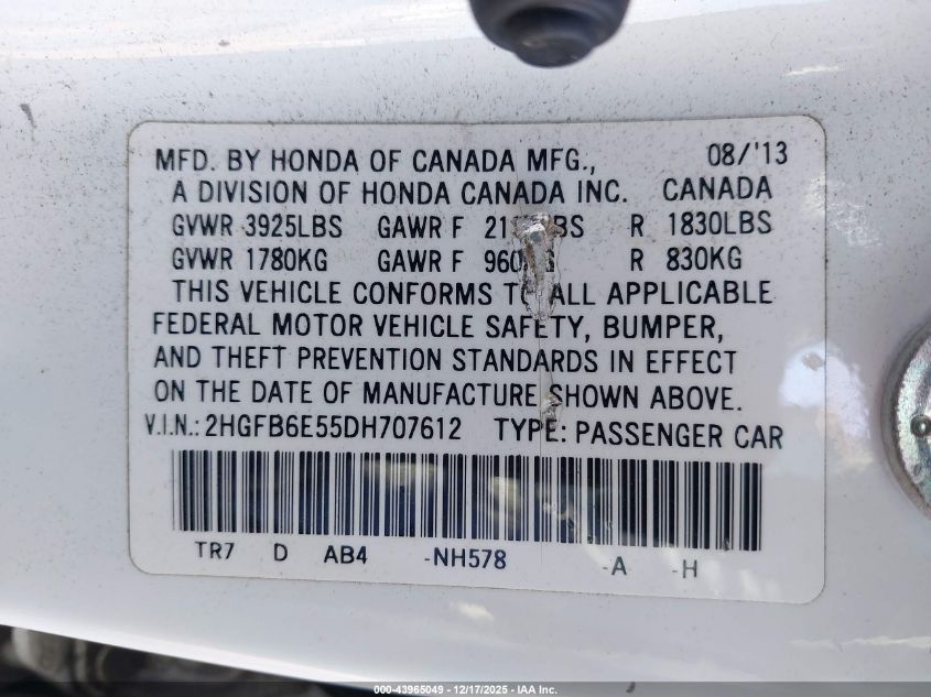 2013 Honda Civic Si VIN: 2HGFB6E55DH707612 Lot: 43965049