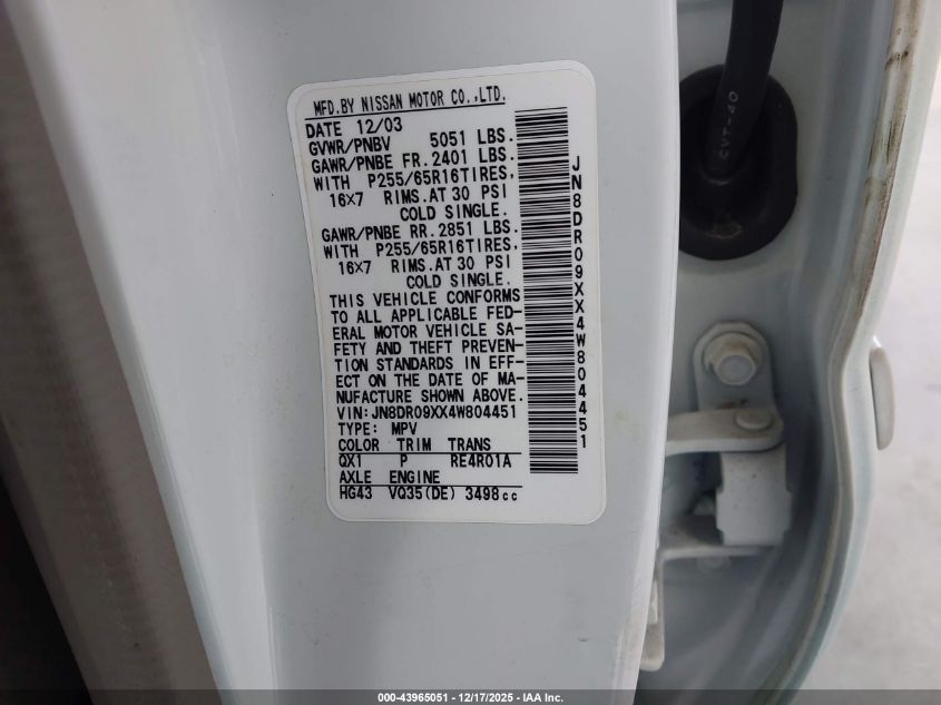 2004 Nissan Pathfinder Se VIN: JN8DR09XX4W804451 Lot: 43965051