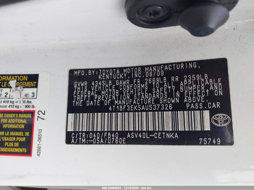 2010 Toyota Camry VIN: 4T1BF3EK5AU537326 Lot: 43965053