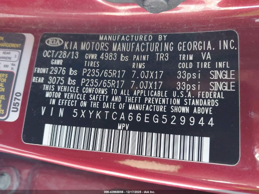 2014 Kia Sorento Lx VIN: 5XYKTCA66EG529944 Lot: 43965056