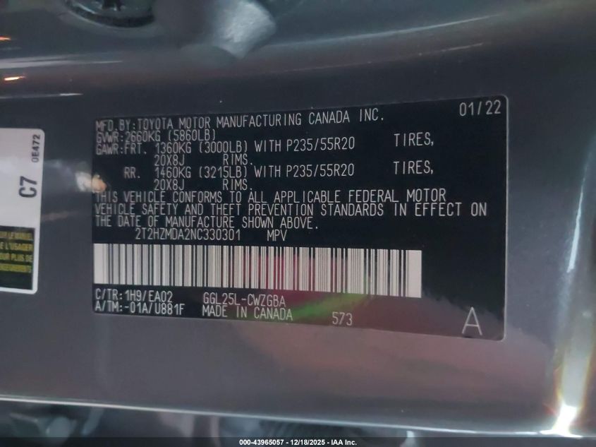 2022 Lexus Rx 350 VIN: 2T2HZMDA2NC330301 Lot: 43965057