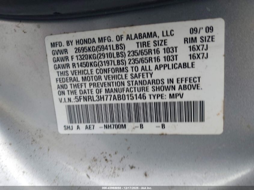 2010 Honda Odyssey Ex-L VIN: 5FNRL3H77AB015146 Lot: 43965058