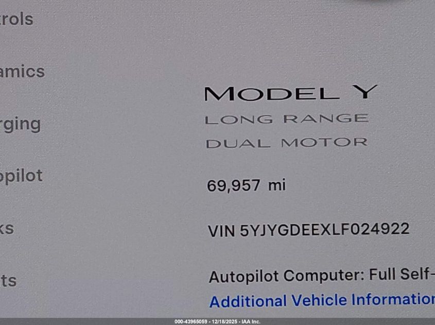 2020 Tesla Model Y Long Range Dual Motor All-Wheel Drive VIN: 5YJYGDEEXLF024922 Lot: 43965059