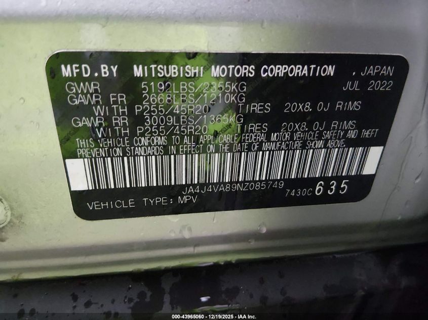 2022 Mitsubishi Outlander Sel 2.5 S-Awc/Sel Launch Edition S-Awc/Sel Special Edition S-Awc VIN: JA4J4VA89NZ085749 Lot: 43965060