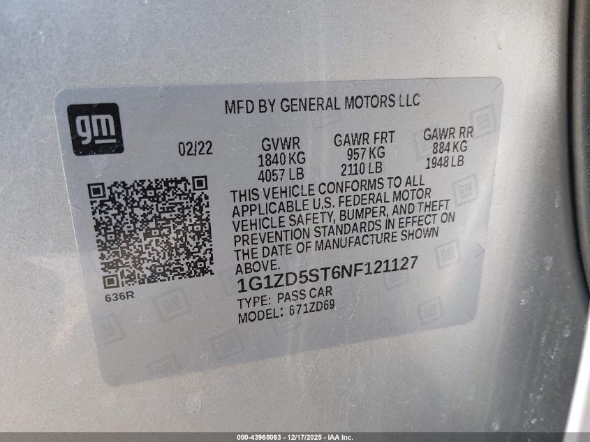 2022 Chevrolet Malibu Fwd Lt VIN: 1G1ZD5ST6NF121127 Lot: 43965063