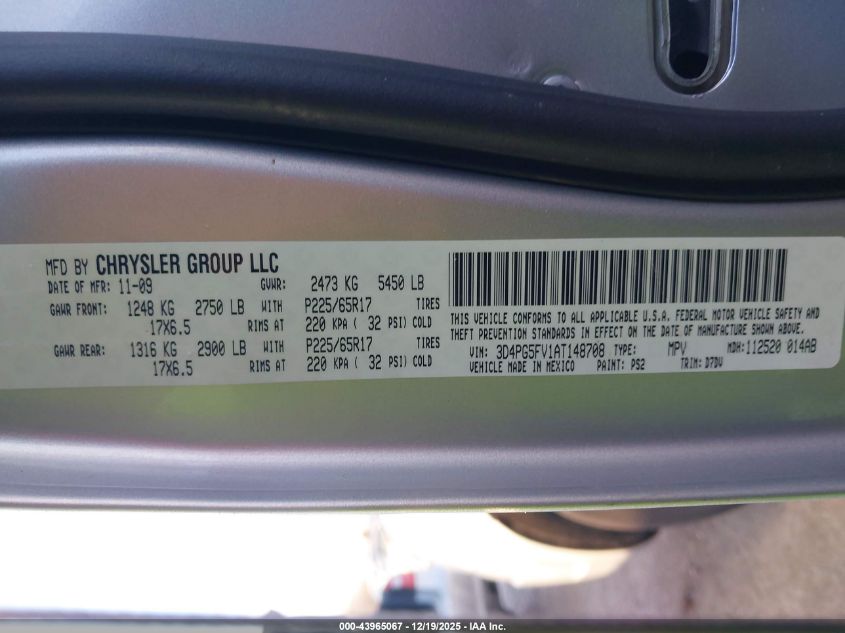 2010 Dodge Journey Sxt VIN: 3D4PG5FV1AT148708 Lot: 43965067