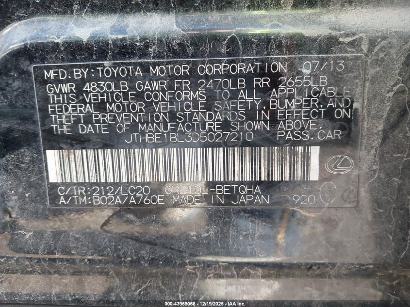 2013 Lexus Gs 350 VIN: JTHBE1BL3D5027210 Lot: 43965068