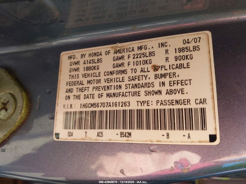 2007 Honda Accord 2.4 Ex VIN: 1HGCM56707A161263 Lot: 43965070