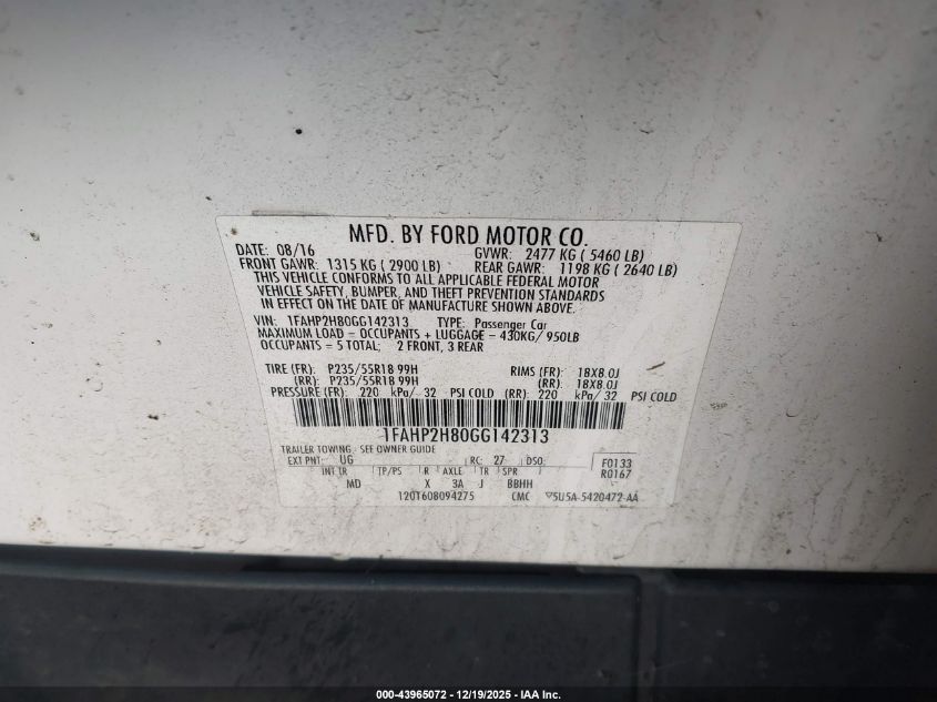 2016 Ford Taurus Sel VIN: 1FAHP2H80GG142313 Lot: 43965072