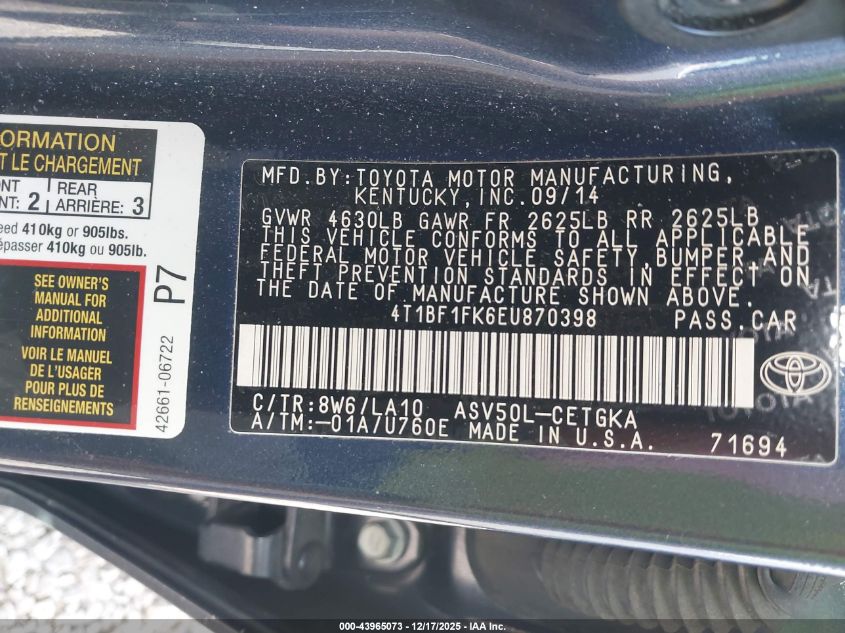 2014 Toyota Camry Xle VIN: 4T1BF1FK6EU870398 Lot: 43965073