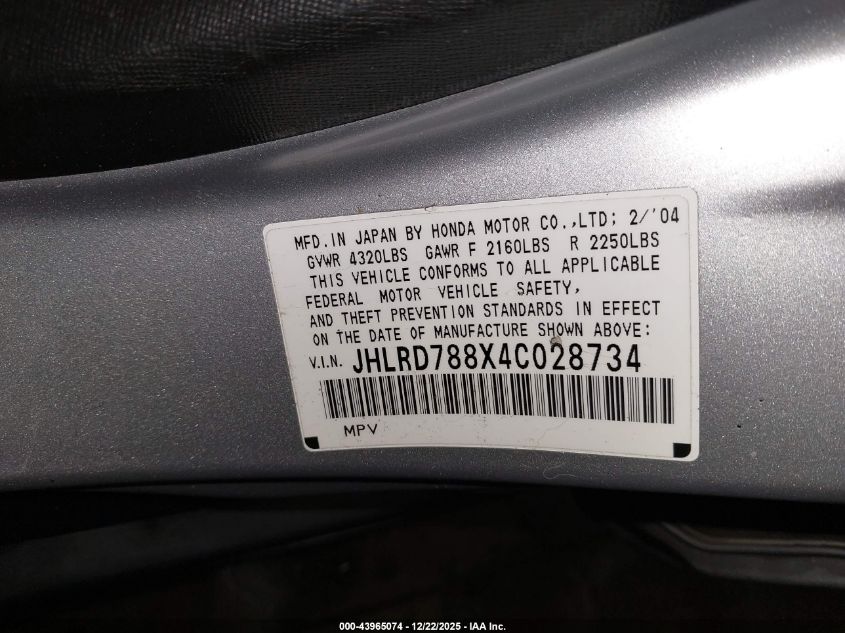 2004 Honda Cr-V Ex VIN: JHLRD788X4C028734 Lot: 43965074
