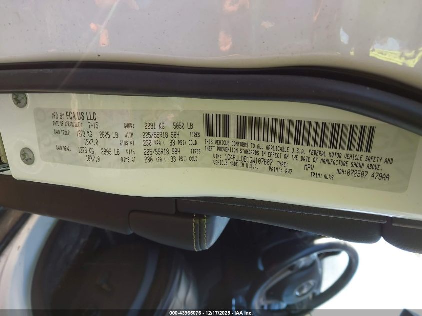 2016 Jeep Cherokee Limited VIN: 1C4PJLDB1GW107607 Lot: 43965076