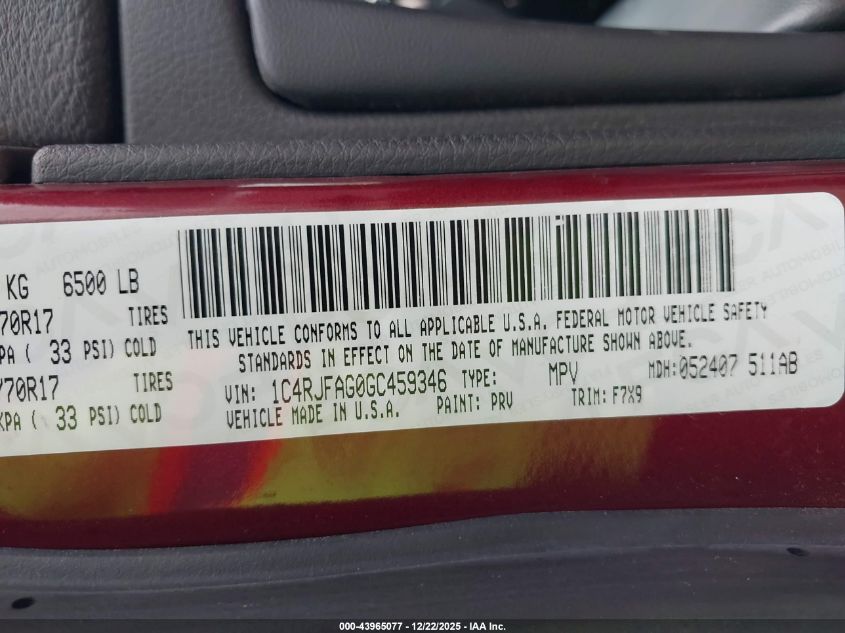 2016 Jeep Grand Cherokee Laredo VIN: 1C4RJFAG0GC459346 Lot: 43965077