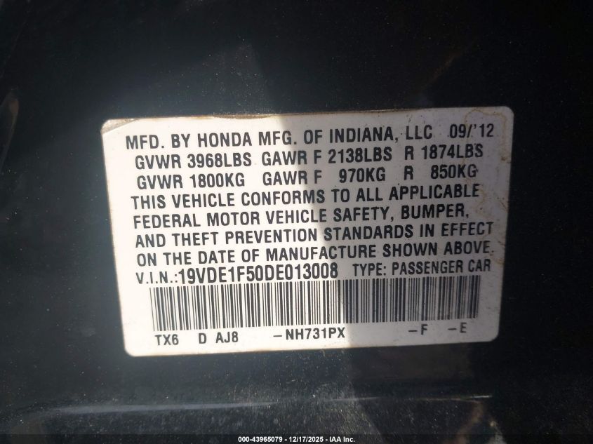 2013 Acura Ilx 2.0L VIN: 19VDE1F50DE013008 Lot: 43965079