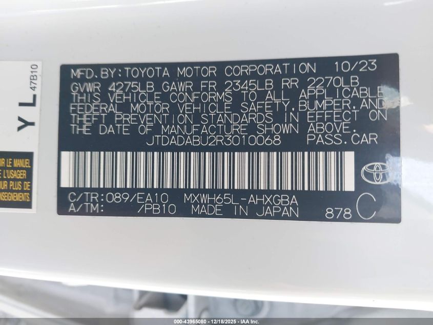 2024 Toyota Prius Xle Awd-E VIN: JTDADABU2R3010068 Lot: 43965080
