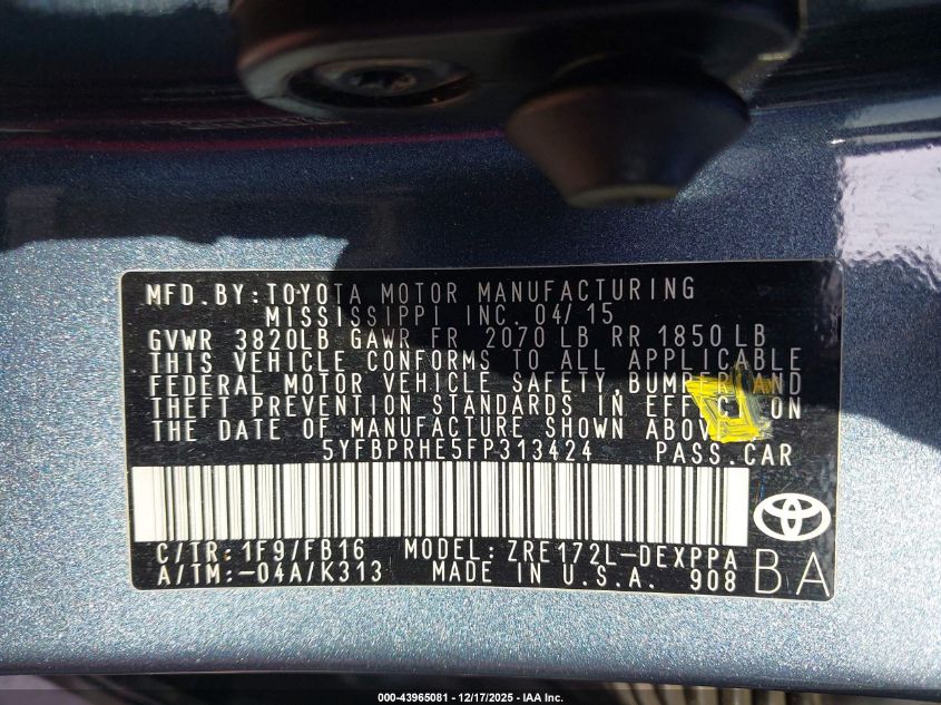 2015 Toyota Corolla Le Eco Plus VIN: 5YFBPRHE5FP313424 Lot: 43965081