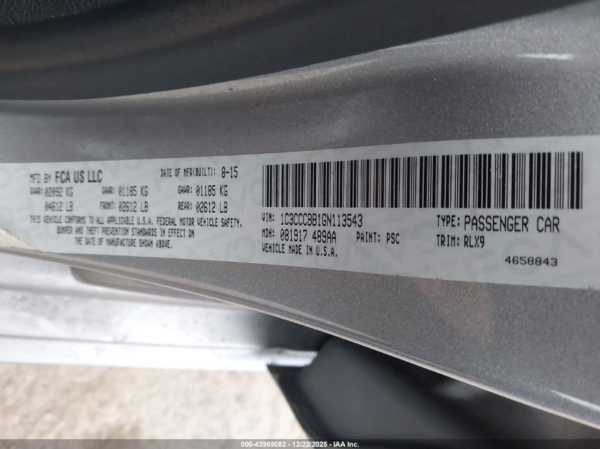 2016 Chrysler 200 S VIN: 1C3CCCBB1GN113543 Lot: 43965082