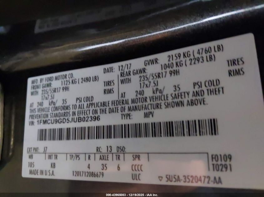 2018 Ford Escape Se VIN: 1FMCU9GD5JUB02396 Lot: 43965083