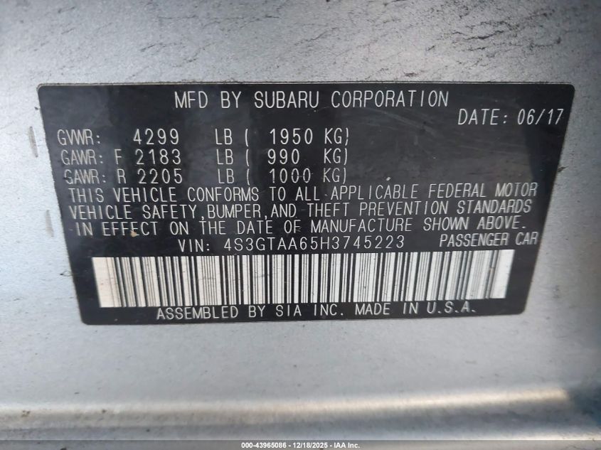 2017 Subaru Impreza 2.0I VIN: 4S3GTAA65H3745223 Lot: 43965086