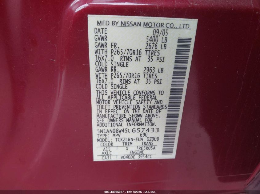 2005 Nissan Xterra S VIN: 5N1AN08W45C657433 Lot: 43965087