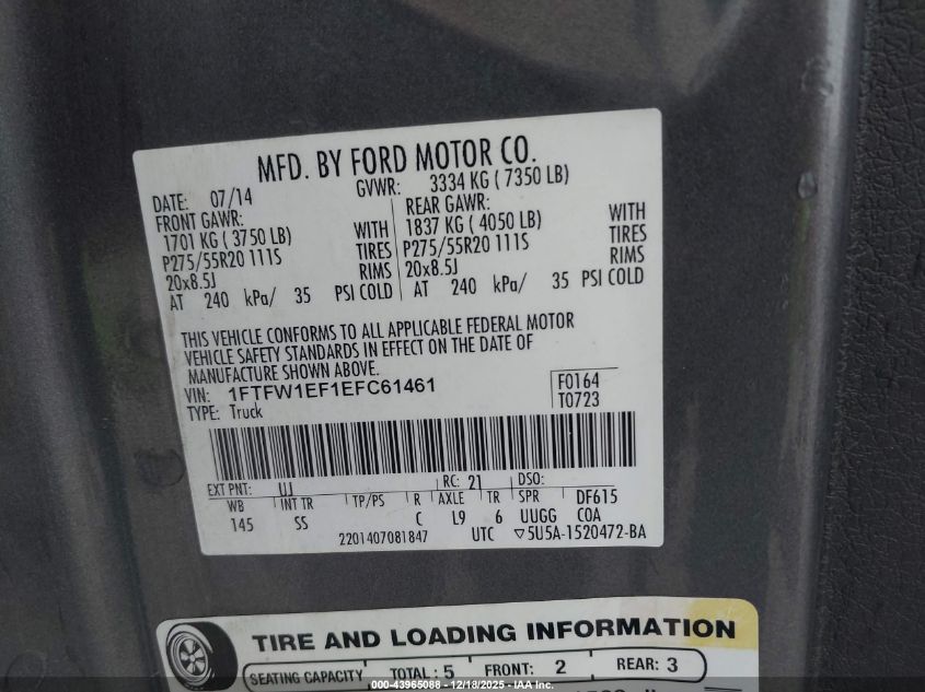 2014 Ford F-150 Stx VIN: 1FTFW1EF1EFC61461 Lot: 43965088