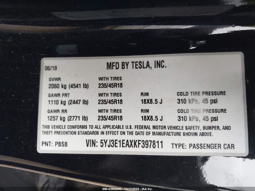 2019 Tesla Model 3 Long Range/Mid Range/Standard Range/Standard Range Plus VIN: 5YJ3E1EAXKF397811 Lot: 43965090