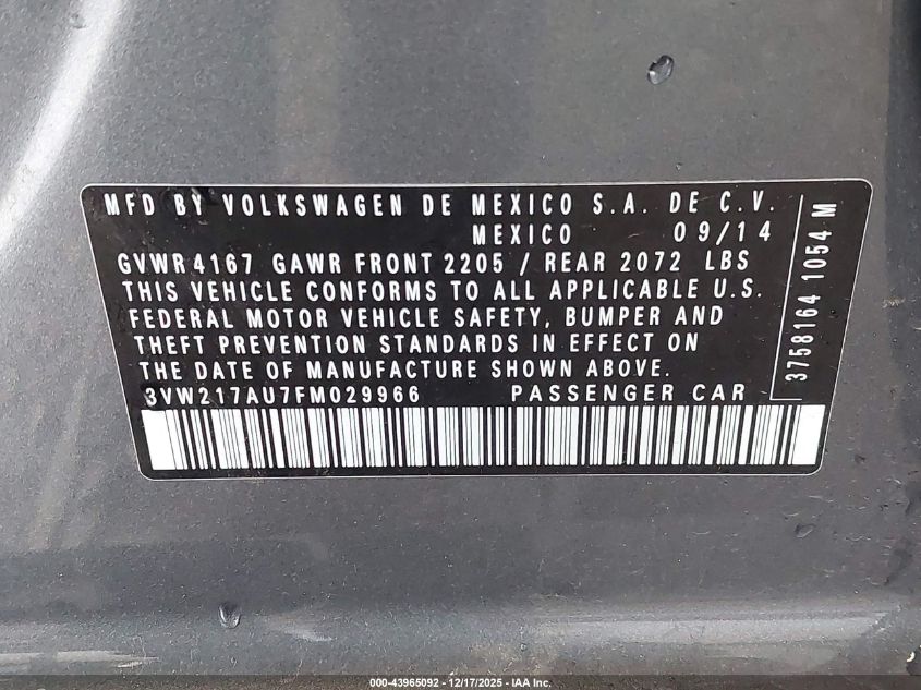 2015 Volkswagen Golf Tsi S 4-Door VIN: 3VW217AU7FM029966 Lot: 43965092