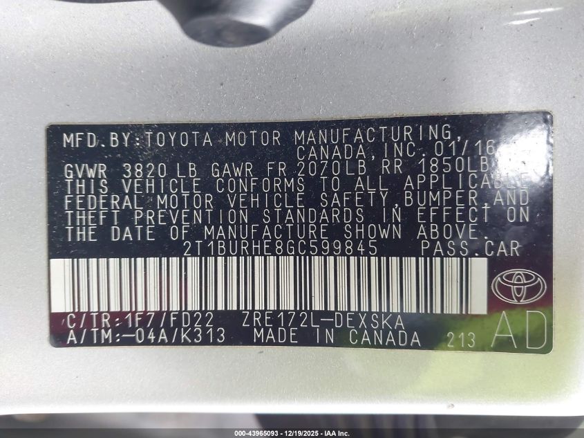 2016 Toyota Corolla S Plus VIN: 2T1BURHE8GC599845 Lot: 43965093