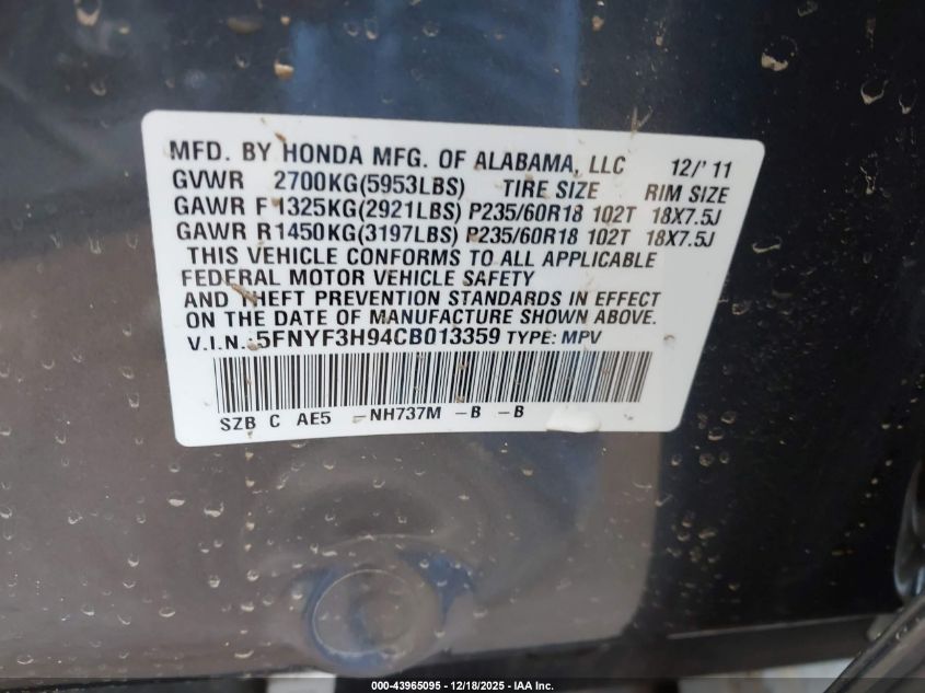 2012 Honda Pilot Touring VIN: 5FNYF3H94CB013359 Lot: 43965095