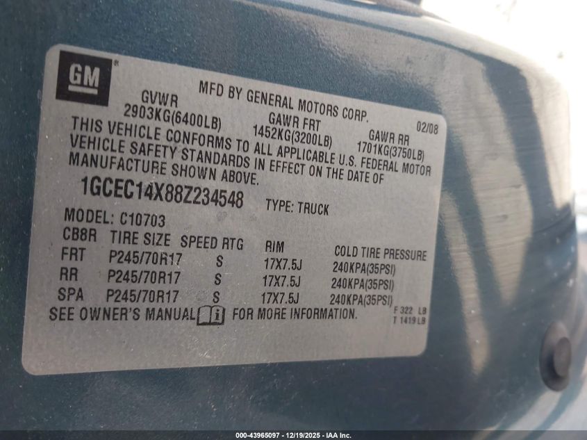 2008 Chevrolet Silverado 1500 Work Truck VIN: 1GCEC14X88Z234548 Lot: 43965097