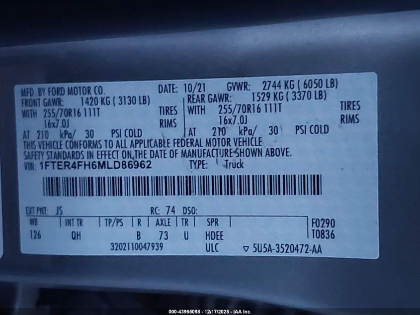 2021 Ford Ranger Xl VIN: 1FTER4FH6MLD86962 Lot: 43965098