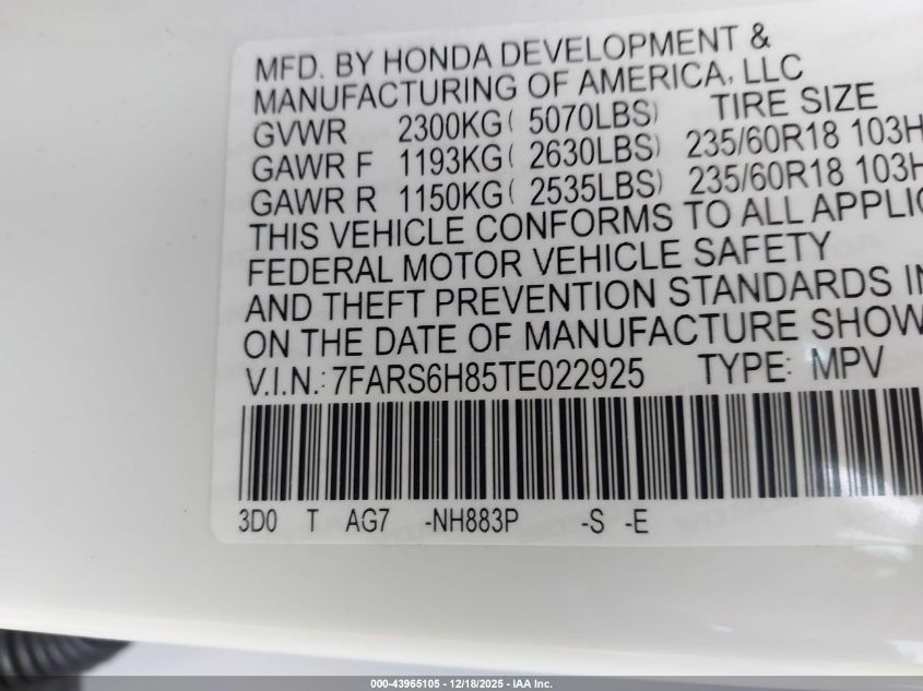 2026 Honda Cr-V Hybrid Awd Sport-L VIN: 7FARS6H85TE022925 Lot: 43965105
