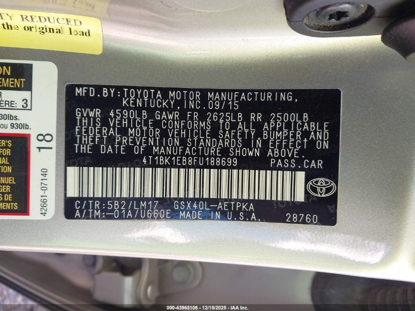 2015 Toyota Avalon Limited VIN: 4T1BK1EB8FU188699 Lot: 43965106