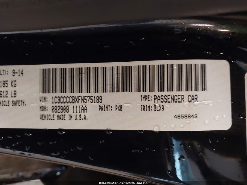 2015 Chrysler 200 C VIN: 1C3CCCCBXFN575189 Lot: 43965107