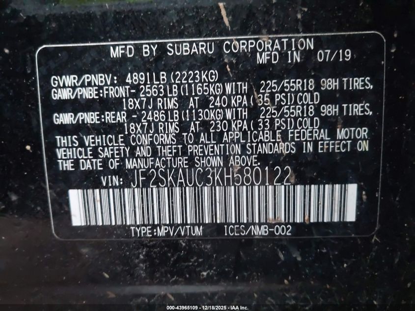 2019 Subaru Forester Limited VIN: JF2SKAUC3KH580122 Lot: 43965109