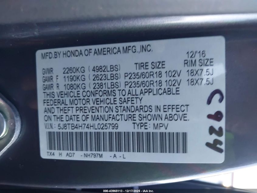 2017 Acura Rdx Advance Package VIN: 5J8TB4H74HL025799 Lot: 43965113