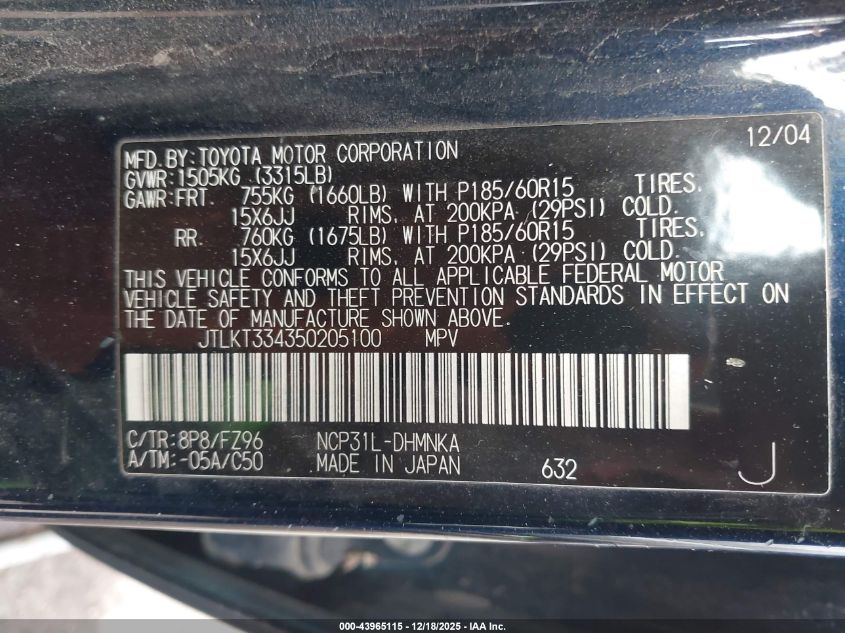 2005 Scion Xb VIN: JTLKT334350205100 Lot: 43965115