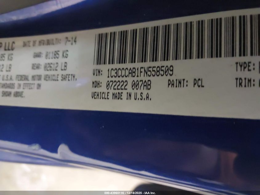 2015 Chrysler 200 Limited VIN: 1C3CCCAB1FN558509 Lot: 43965116