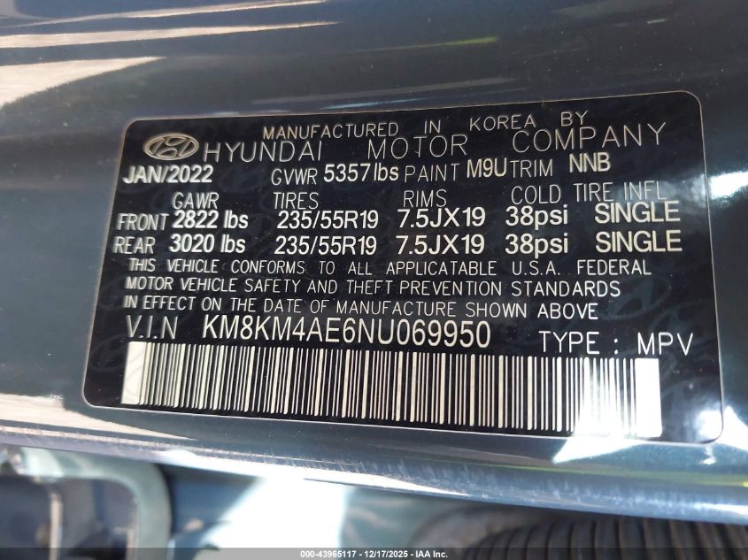 2022 Hyundai Ioniq 5 Se VIN: KM8KM4AE6NU069950 Lot: 43965117