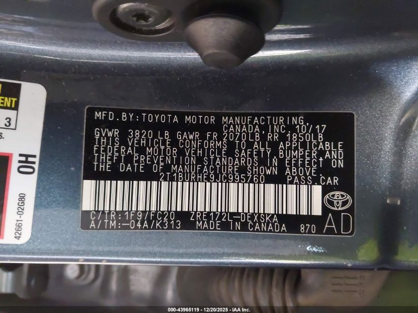 2018 Toyota Corolla Se VIN: 2T1BURHE9JC995760 Lot: 43965119