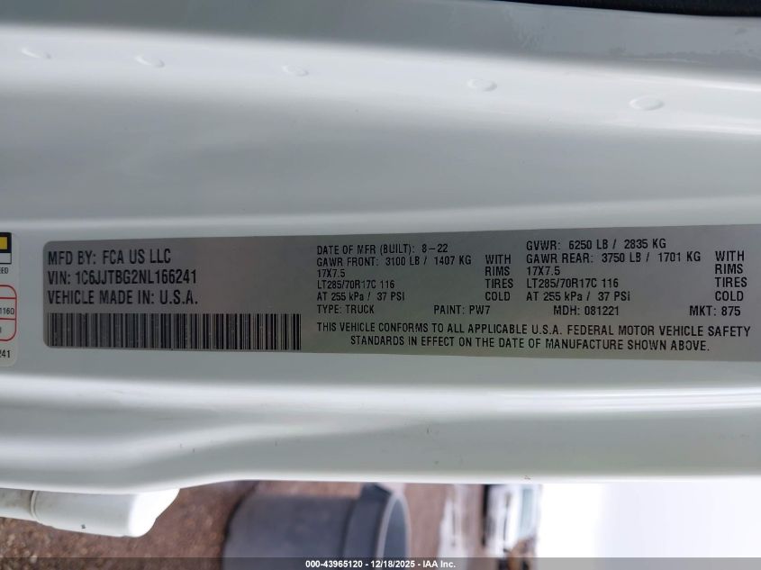 2022 Jeep Gladiator Rubicon 4X4 VIN: 1C6JJTBG2NL166241 Lot: 43965120