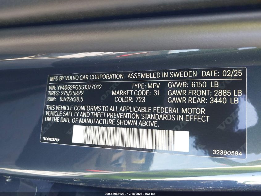 2025 Volvo Xc90 B6 Ultra VIN: YV4062PG5S1377012 Lot: 43965123