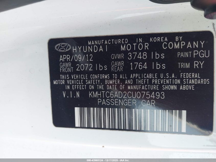 2012 Hyundai Veloster Base W/Red/Black VIN: KMHTC6AD2CU075493 Lot: 43965124