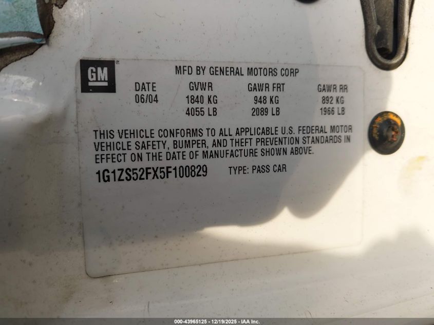 2005 Chevrolet Malibu VIN: 1G1ZS52FX5F100829 Lot: 43965125