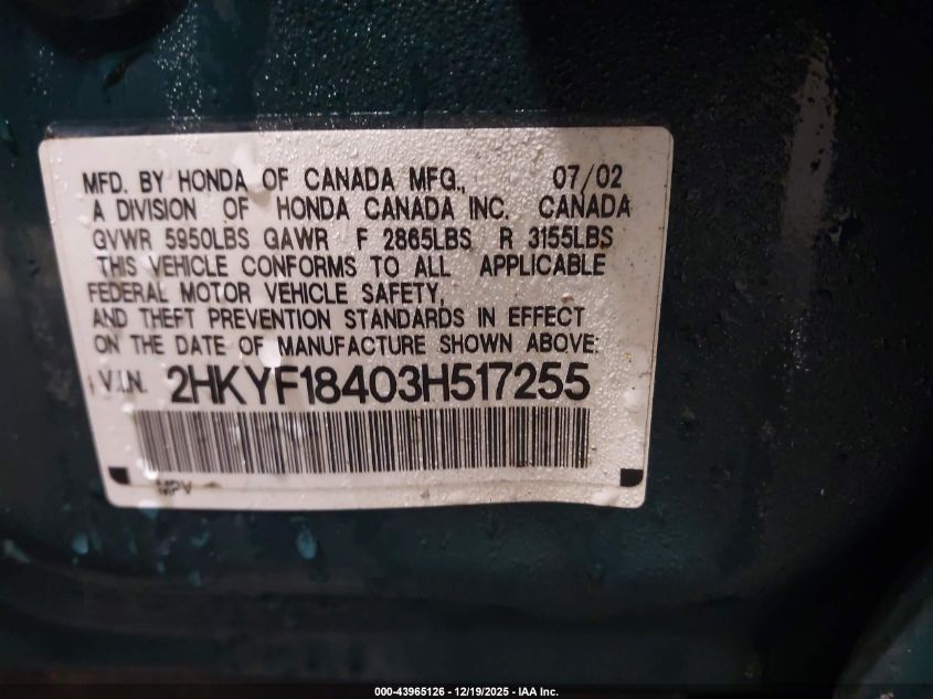 2003 Honda Pilot Ex VIN: 2HKYF18403H517255 Lot: 43965126
